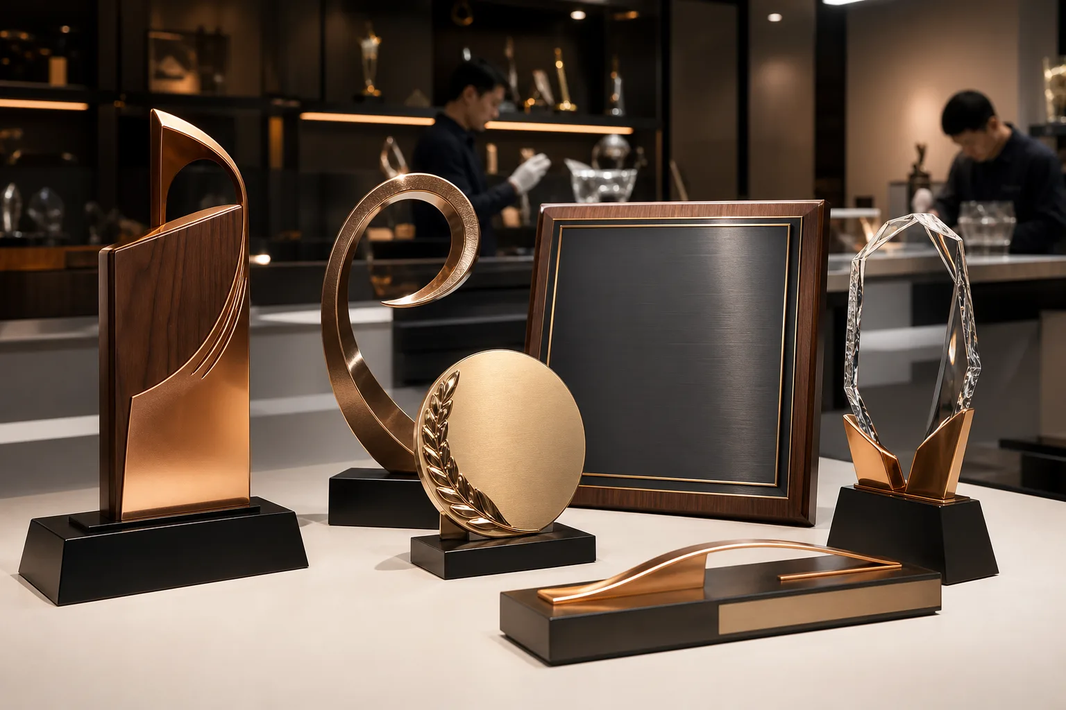Custom metal trophies and plaques arranged for a professional recognition program presentation