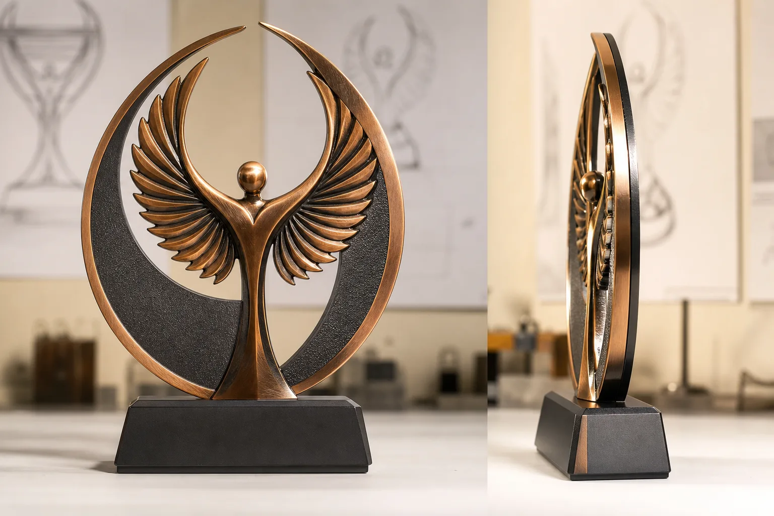 Dimensional custom metal trophy showing shaped profile, visible sides and supporting base