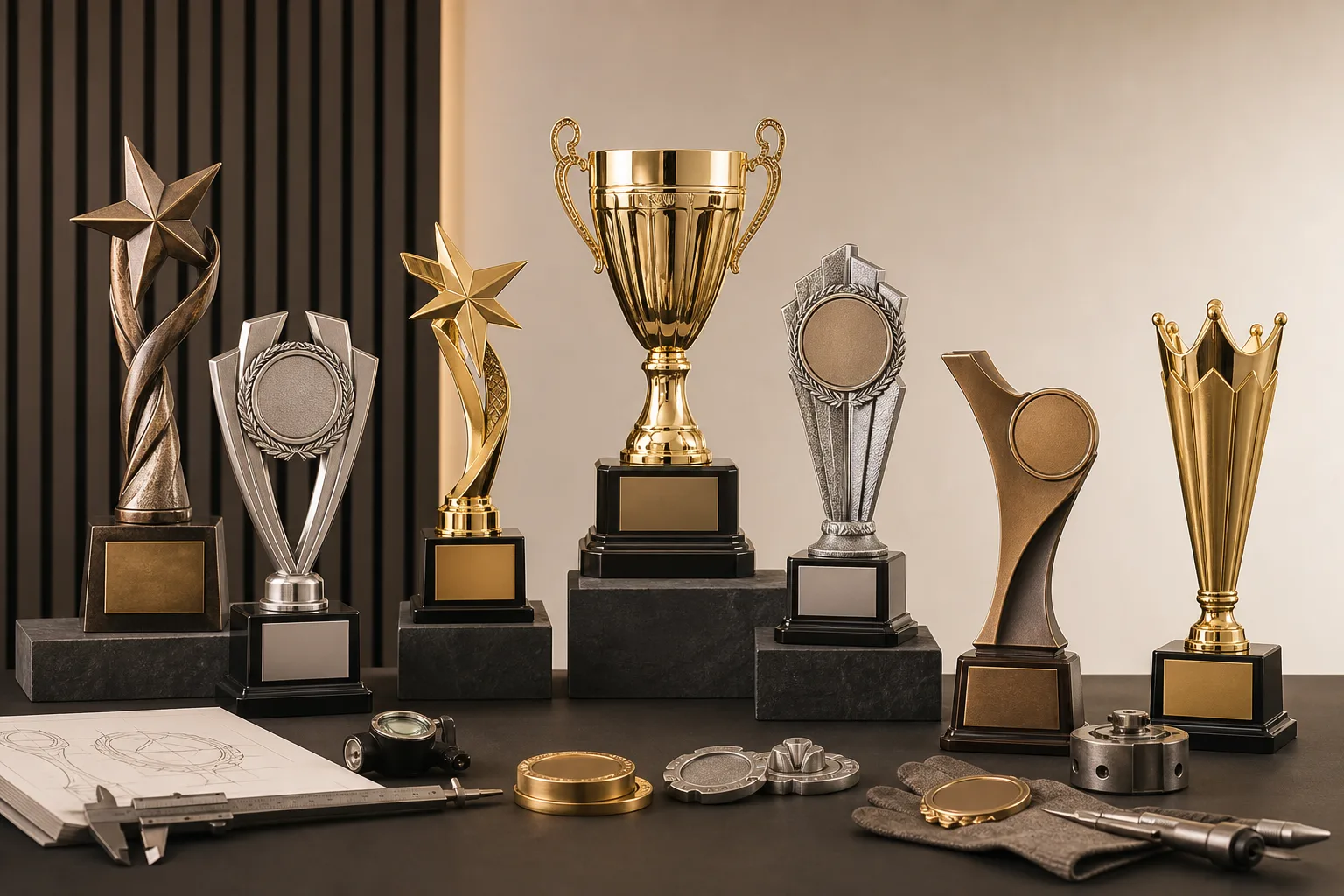 Custom metal trophies with sculpted relief and coordinated gold, silver and bronze finishes