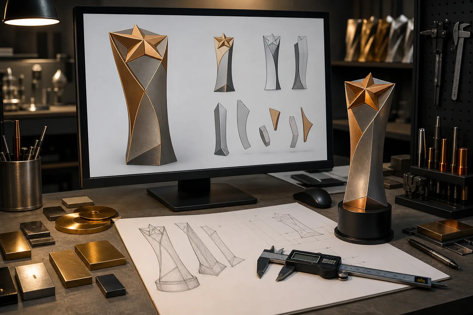 Engineer workstation reviewing a three-dimensional trophy proof beside a metal prototype