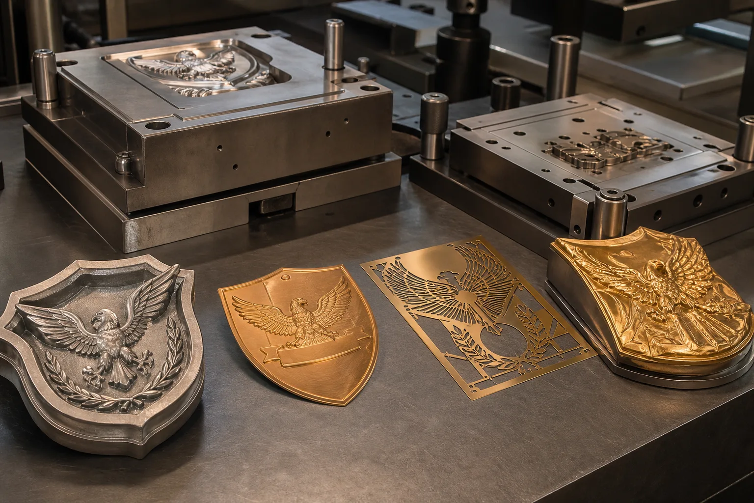 Formed trophy components beside precision tooling for comparing metal production methods