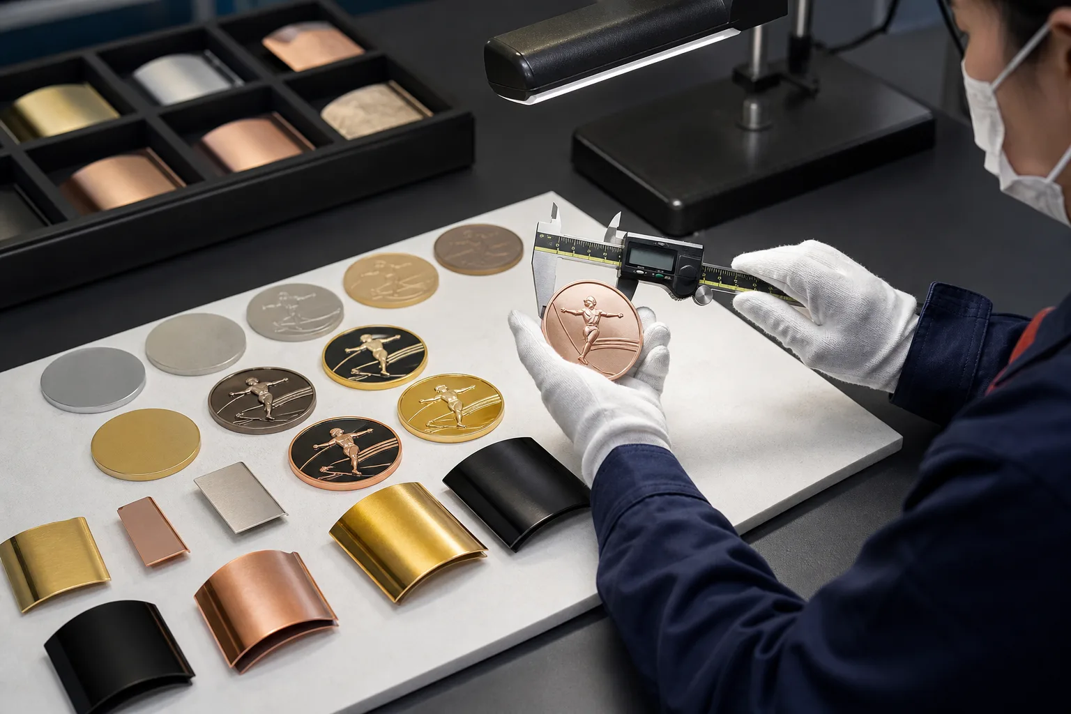 Quality technician inspecting plated trophy components for dimensions, relief and surface condition