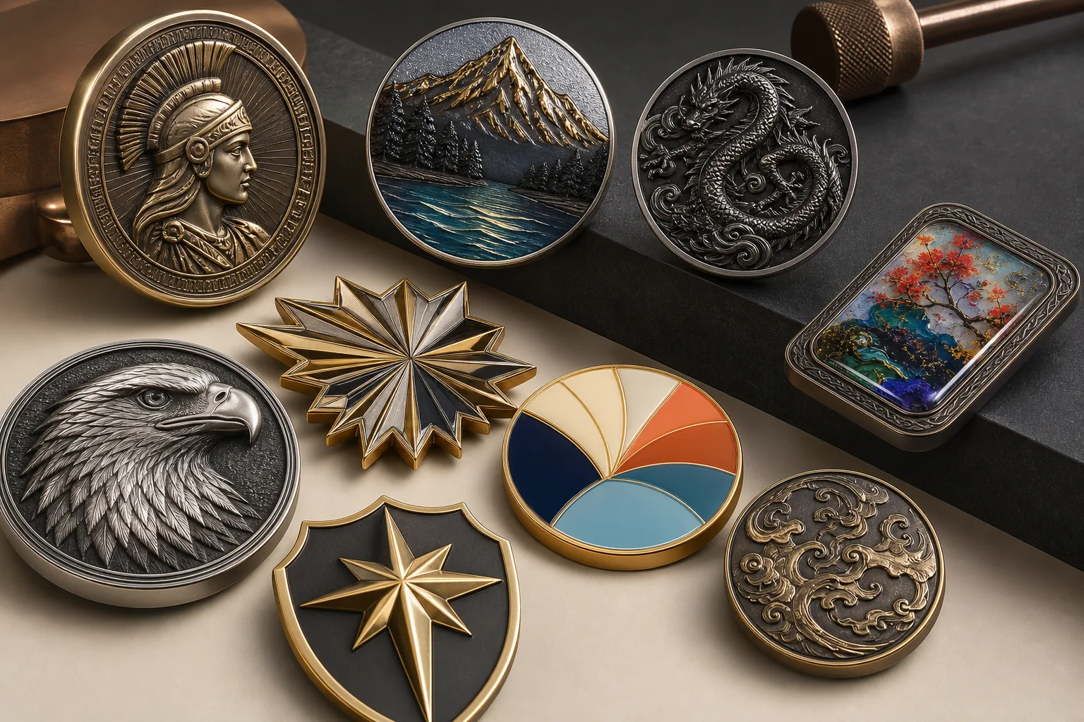 Trophy relief samples displaying enamel, plating, printed color and matte finish contrasts