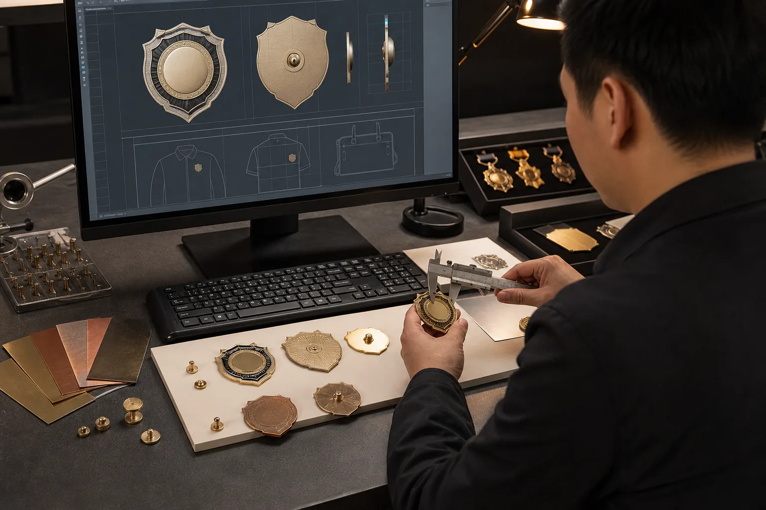 Engineer reviewing badge artwork proof with samples, calipers and finish swatches