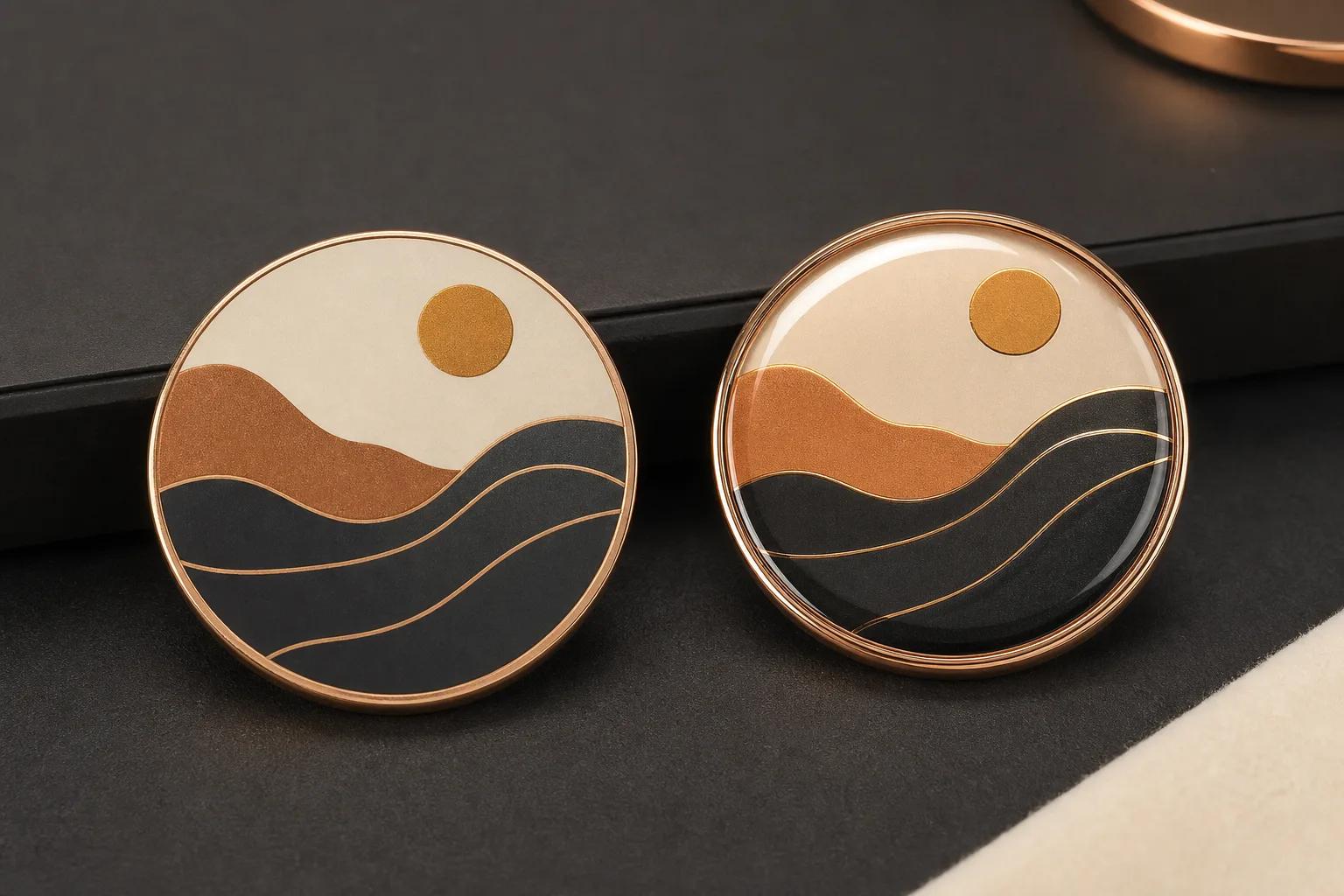 Matching printed badges comparing flat uncoated and glossy epoxy-coated surfaces