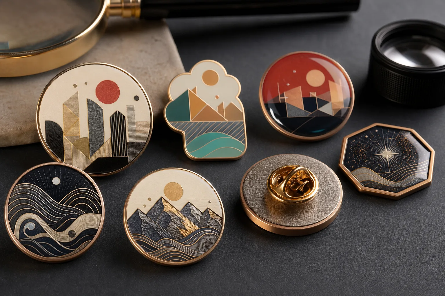 Assorted custom printed badges displaying detailed graphics and optional clear epoxy