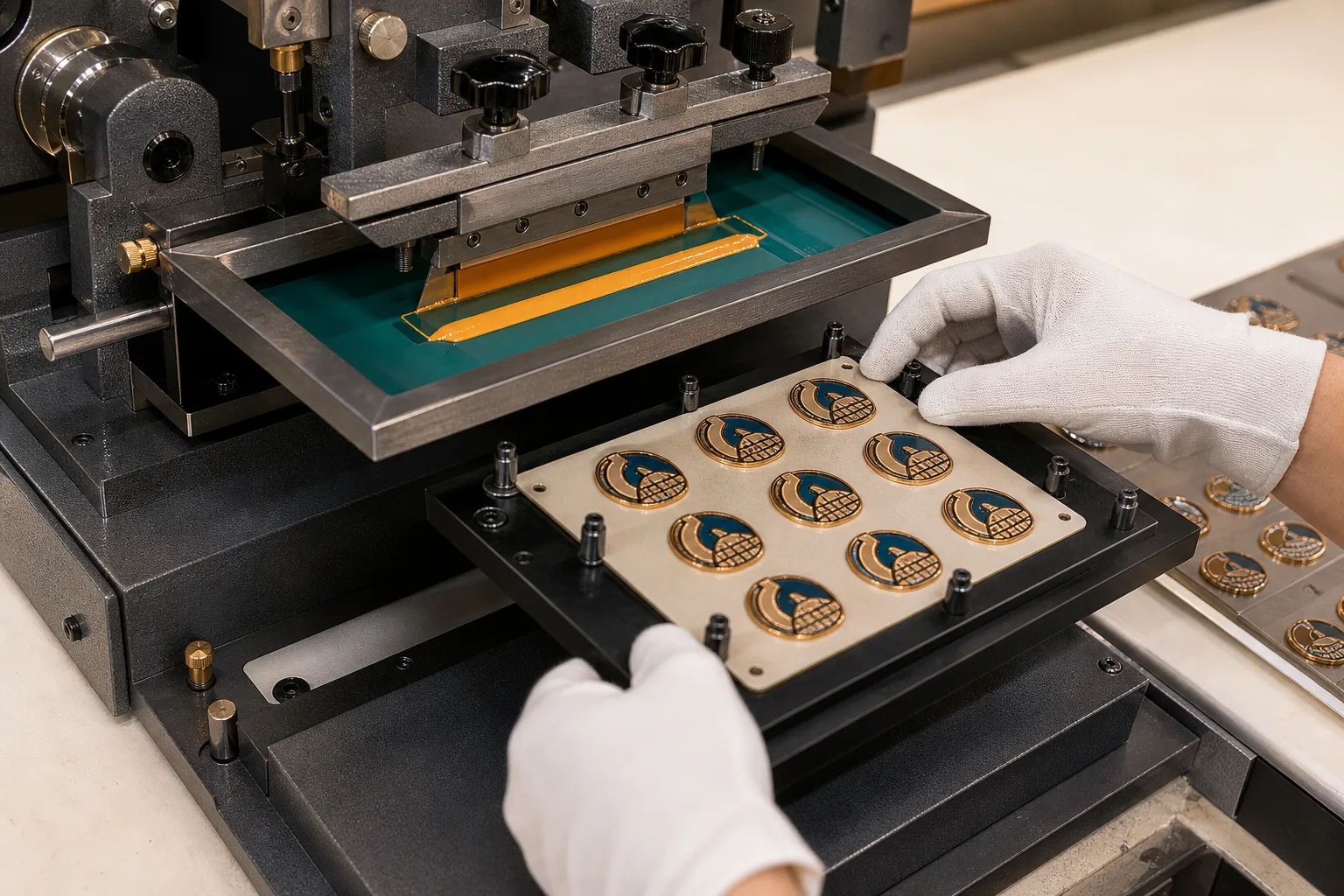 Screen printing fixture applying defined colors to prepared metal badge faces