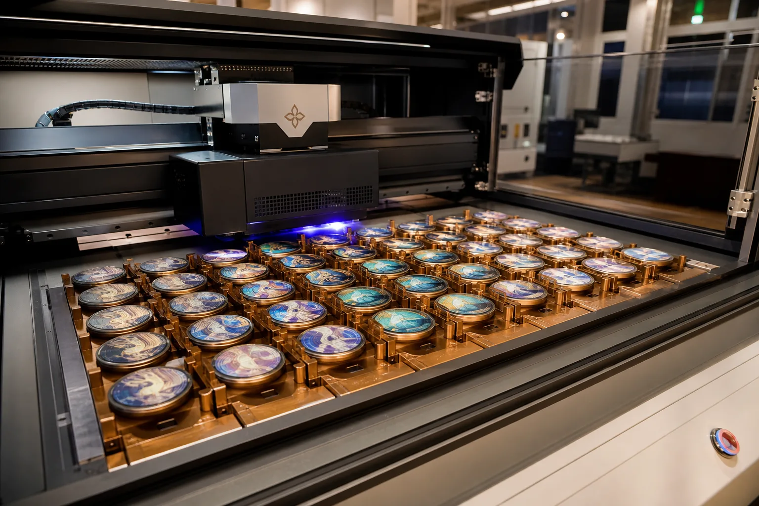 UV printer producing gradient artwork on precisely positioned metal pin blanks