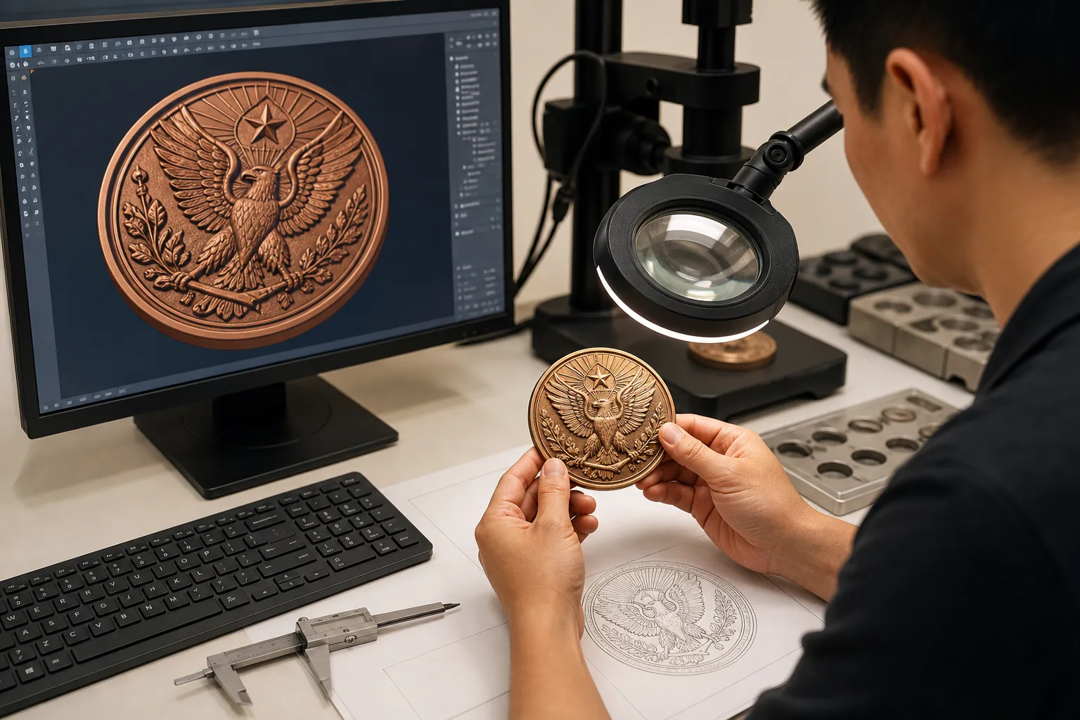 Engineer comparing a three-dimensional relief model with a custom metal coin