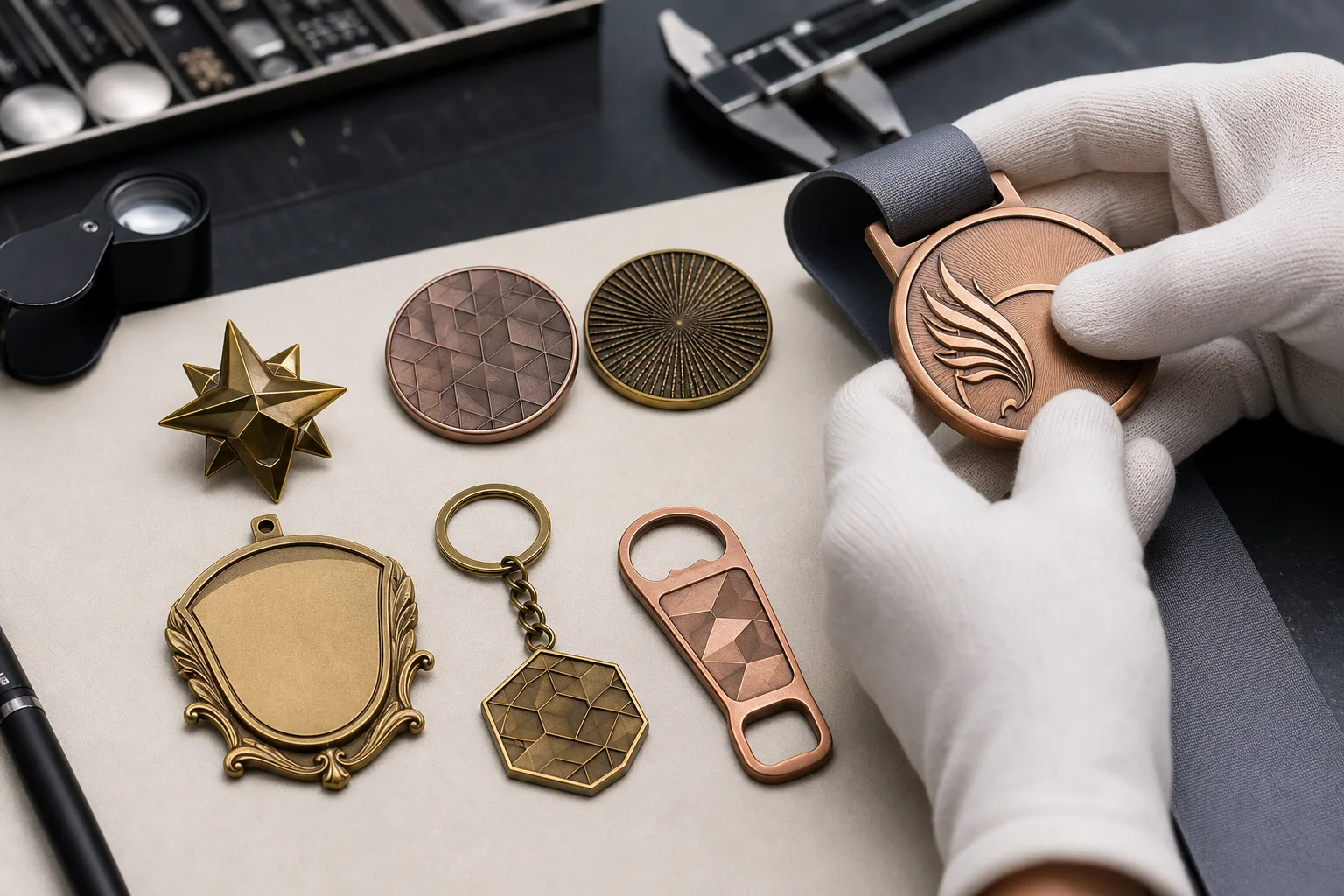 Assorted custom medals, coins, pins, plaques and accessories awaiting artwork review