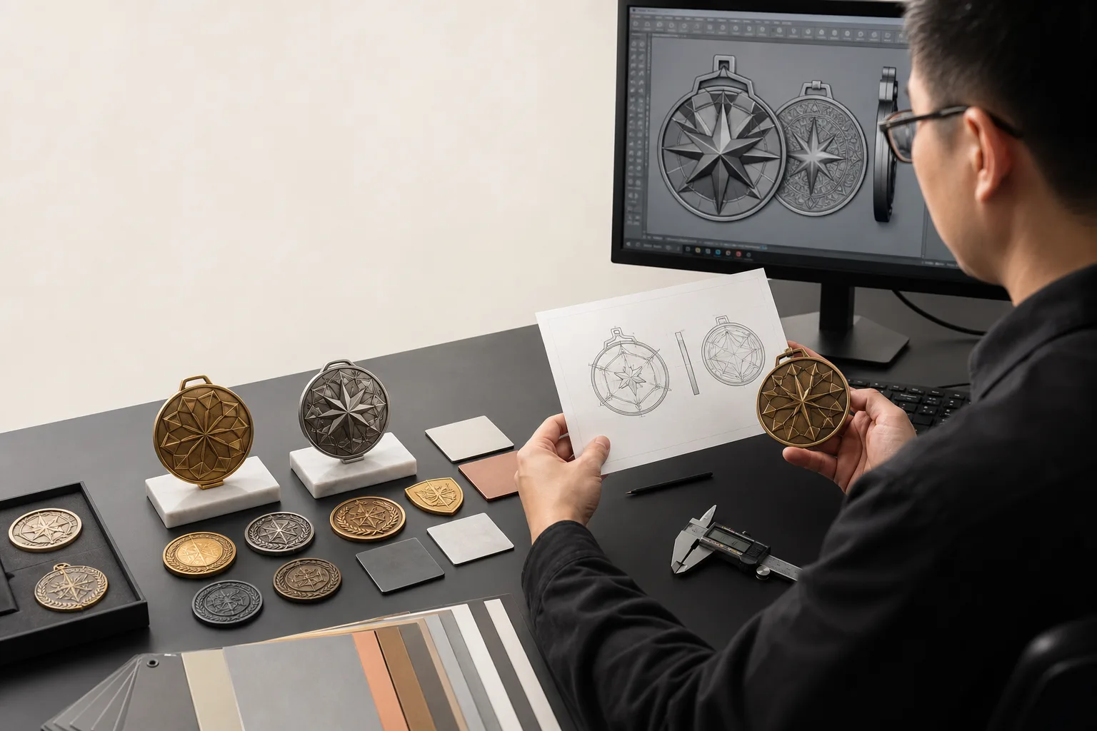 Design engineer reviewing a custom metal product proof before tooling approval
