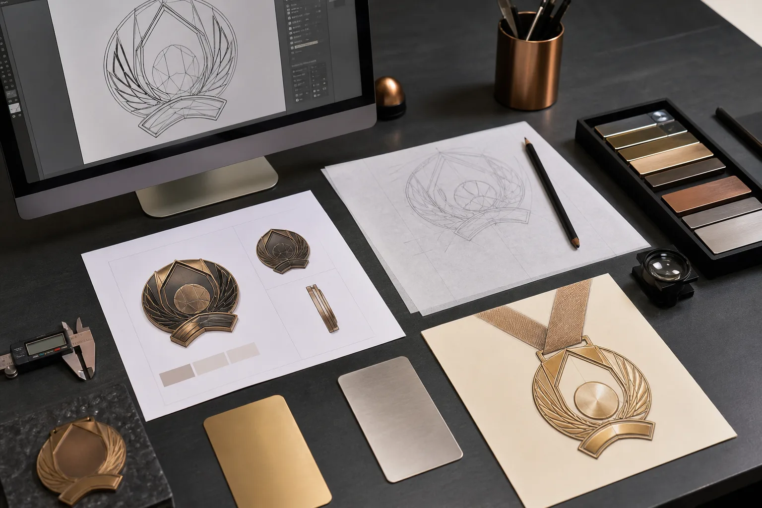 Vector files, sketches and references arranged for custom metal artwork preparation
