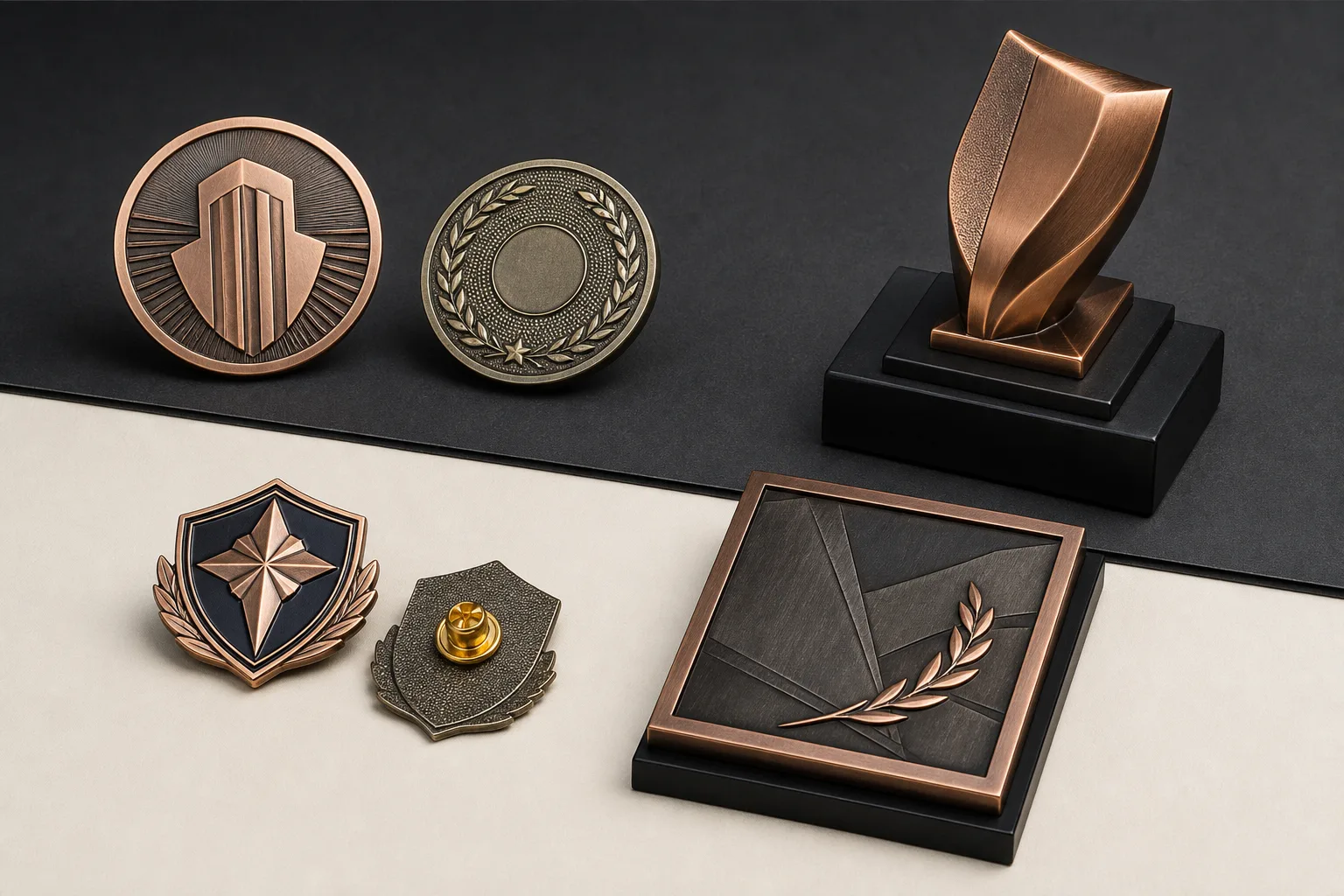 Assorted challenge coins badges plaques and trophies displayed for format comparison