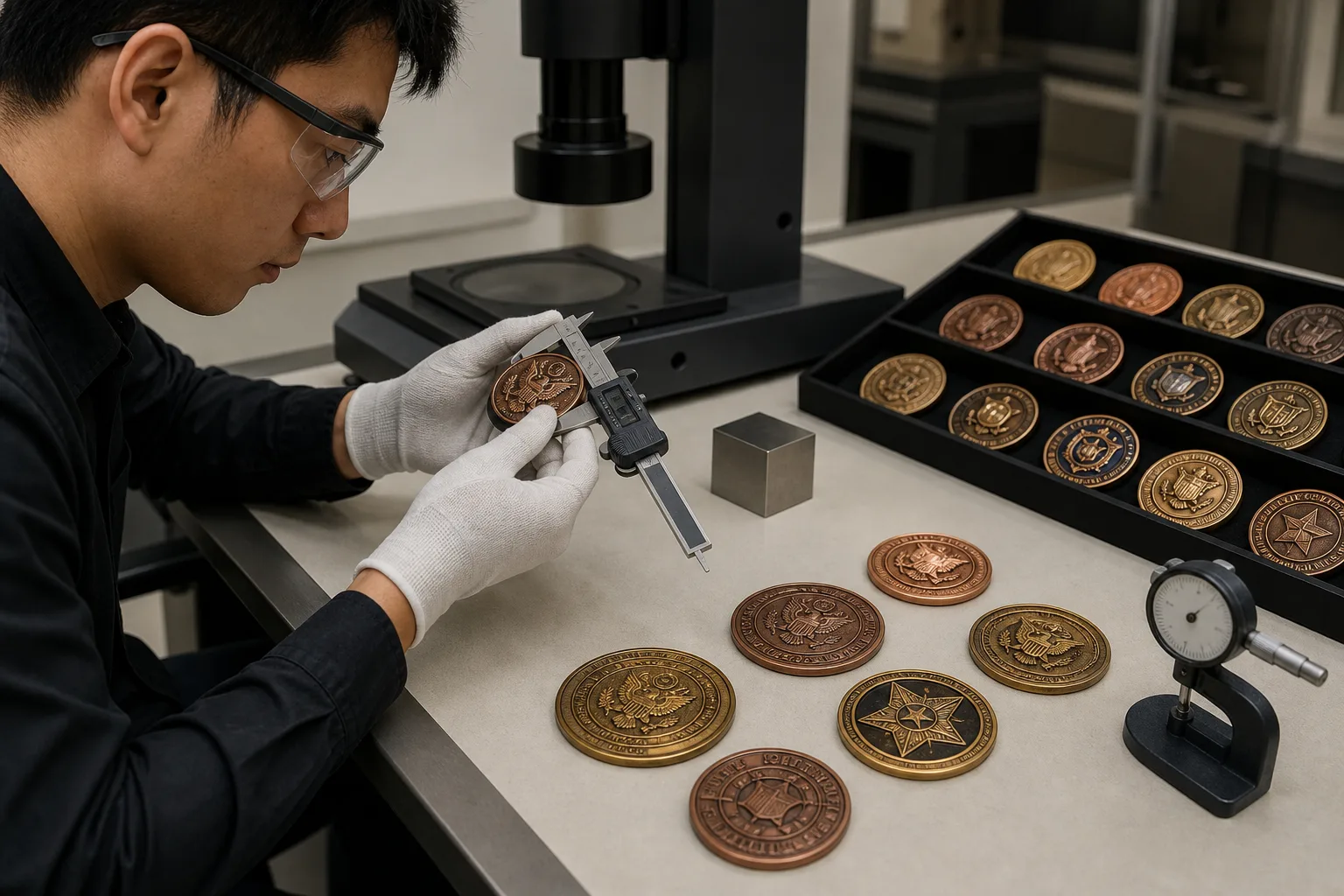 Inspector comparing metal recognition pieces against dimensional production references