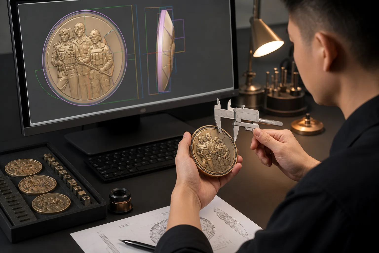 Engineer reviewing a dimensional metal coin proof beside a prototype