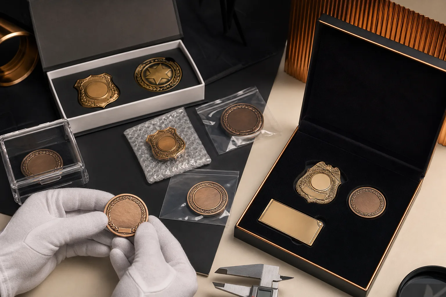 Recognition coins plaques and badges organized in protective presentation packaging