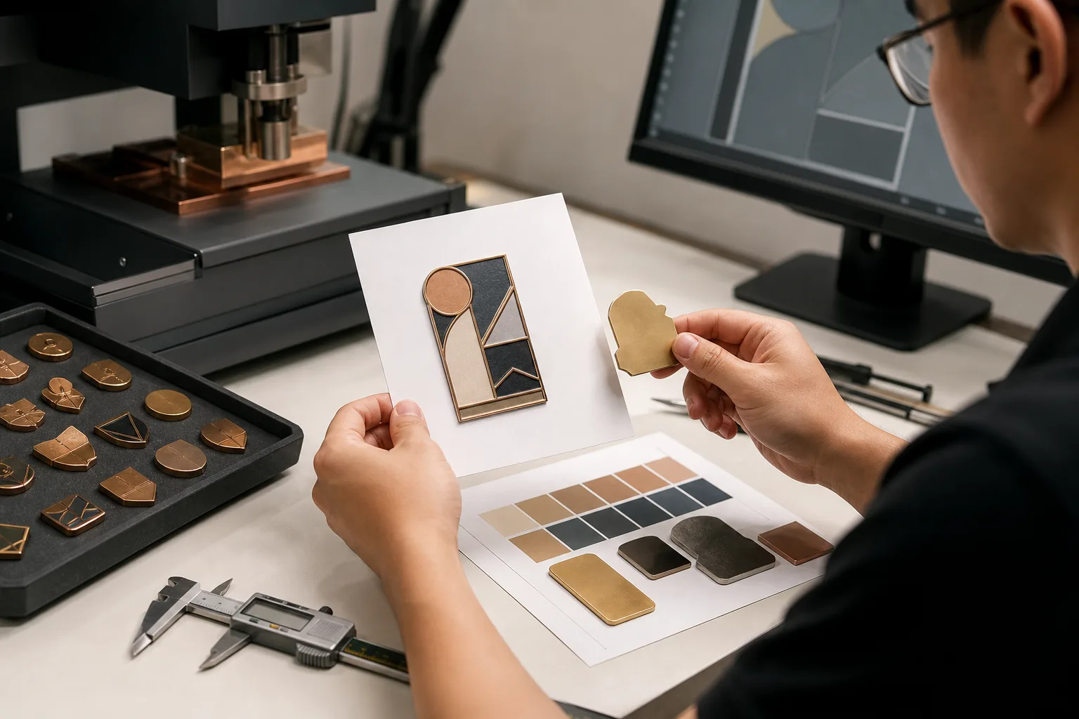 Engineer reviewing soft enamel pin artwork beside a blank metal sample