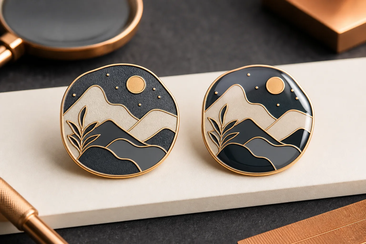 Soft enamel pin samples comparing exposed texture and clear epoxy coating