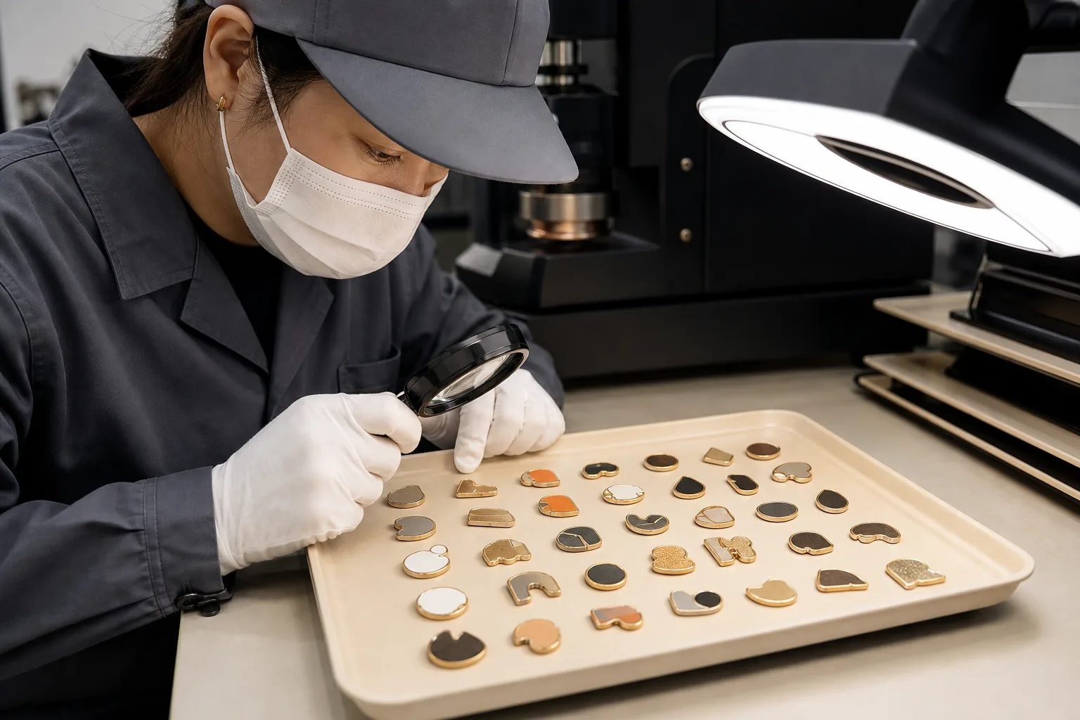 Inspector examining plated soft enamel pins for color fill and surface quality