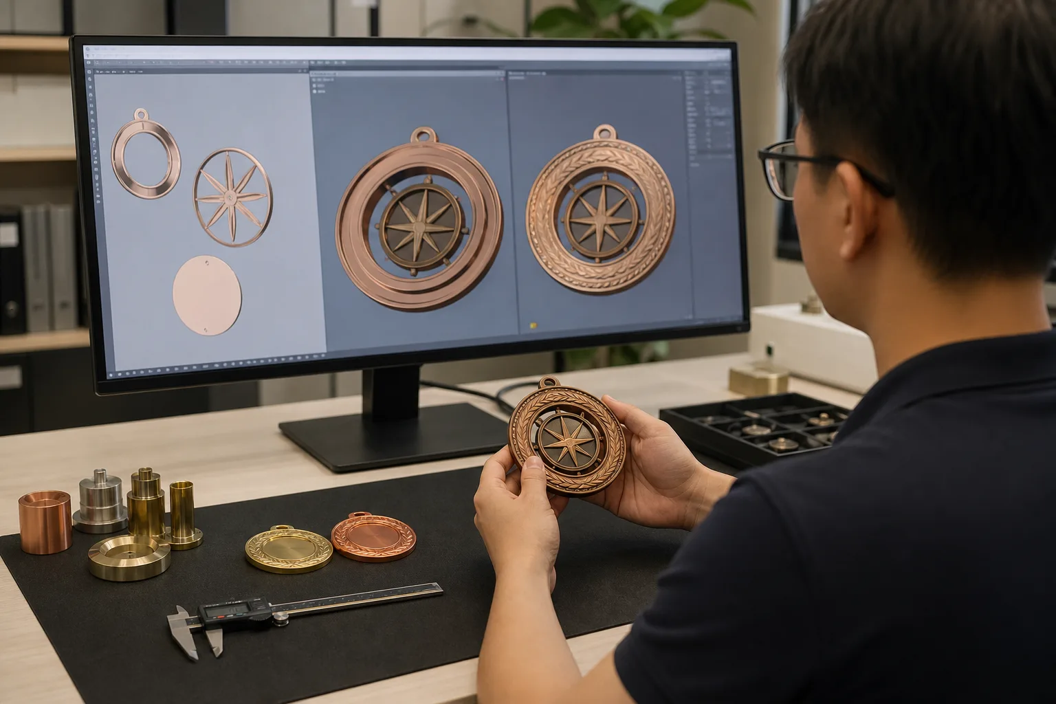 Engineer reviewing layered medal components and rotating-center alignment on a CAD workstation