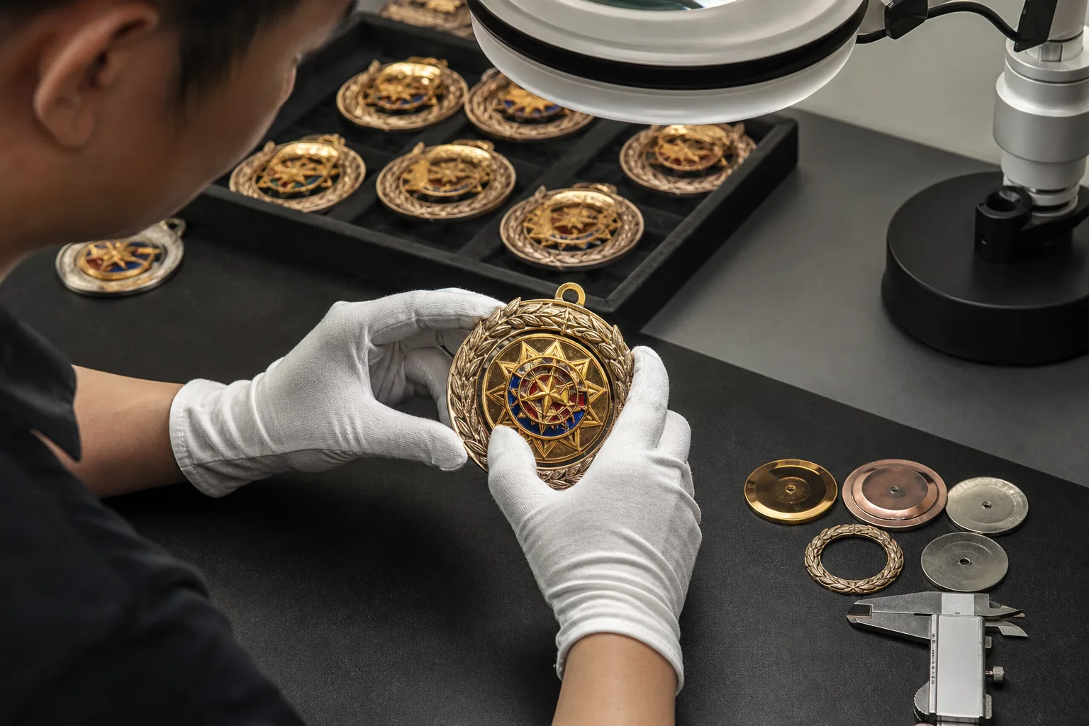 Inspector checking assembled medal orientation and spinner movement under controlled task lighting