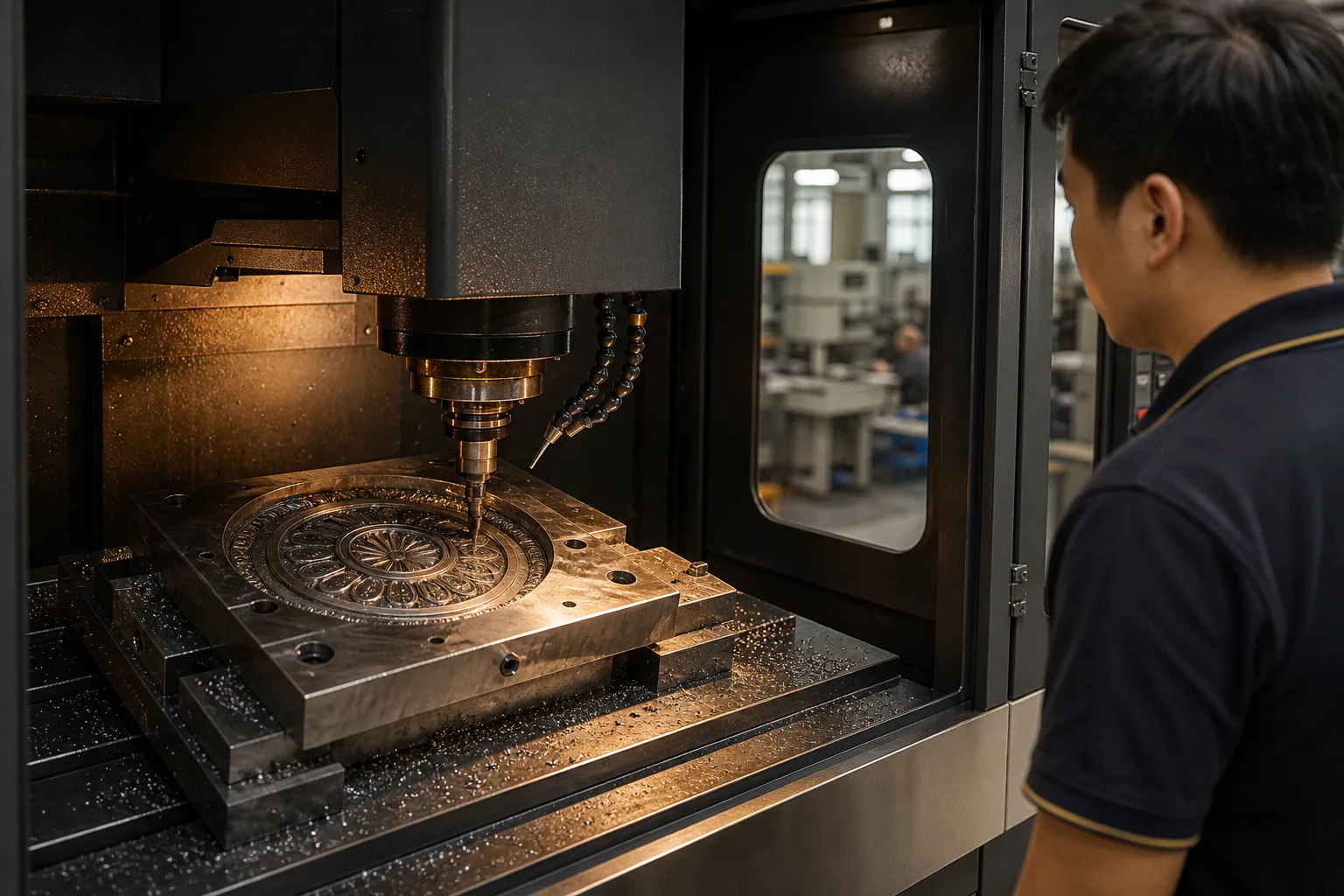 CNC engraving equipment machining a precision mold for a multi-part metal medal