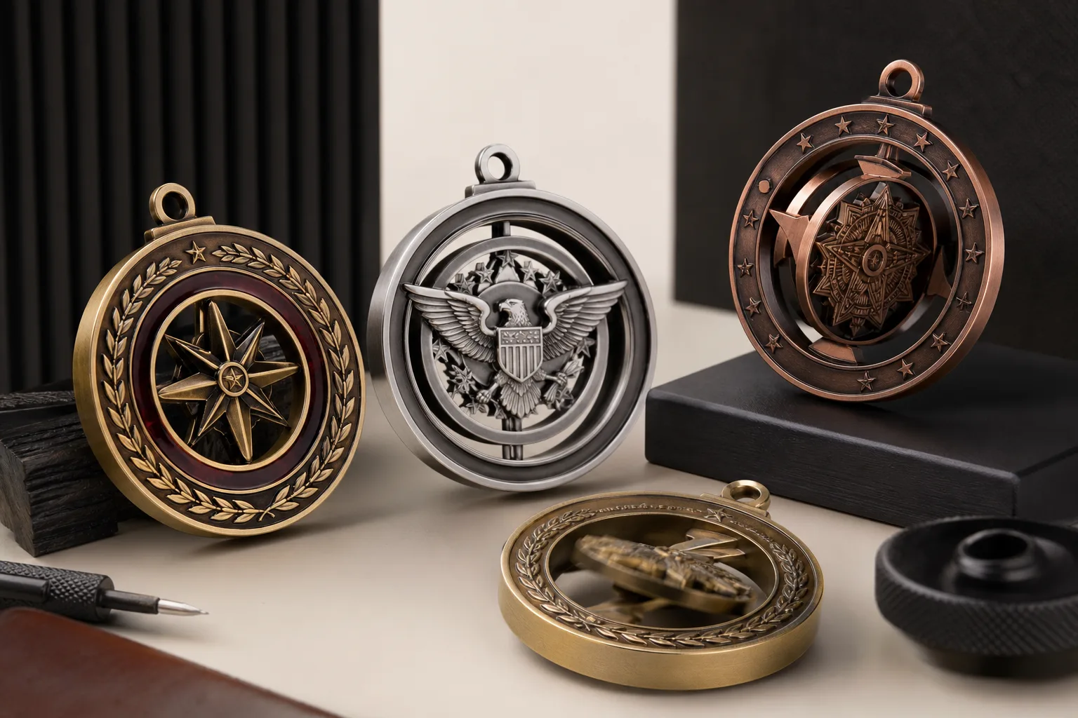 Custom spinning medals with rotating centers displayed in premium copper-gold and graphite finishes