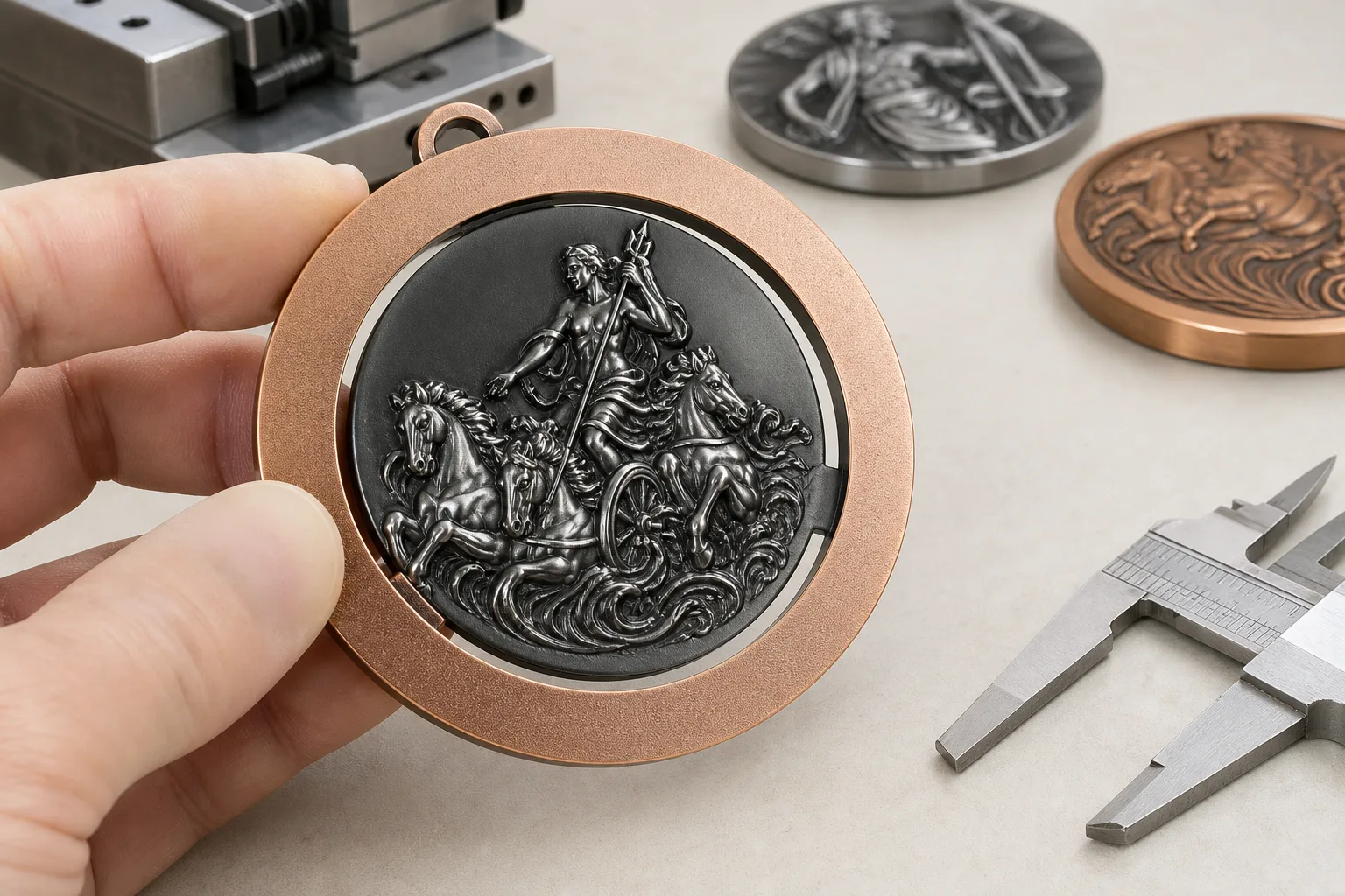 Close-up spinning medal showing a rotating inner disc within a fixed outer frame