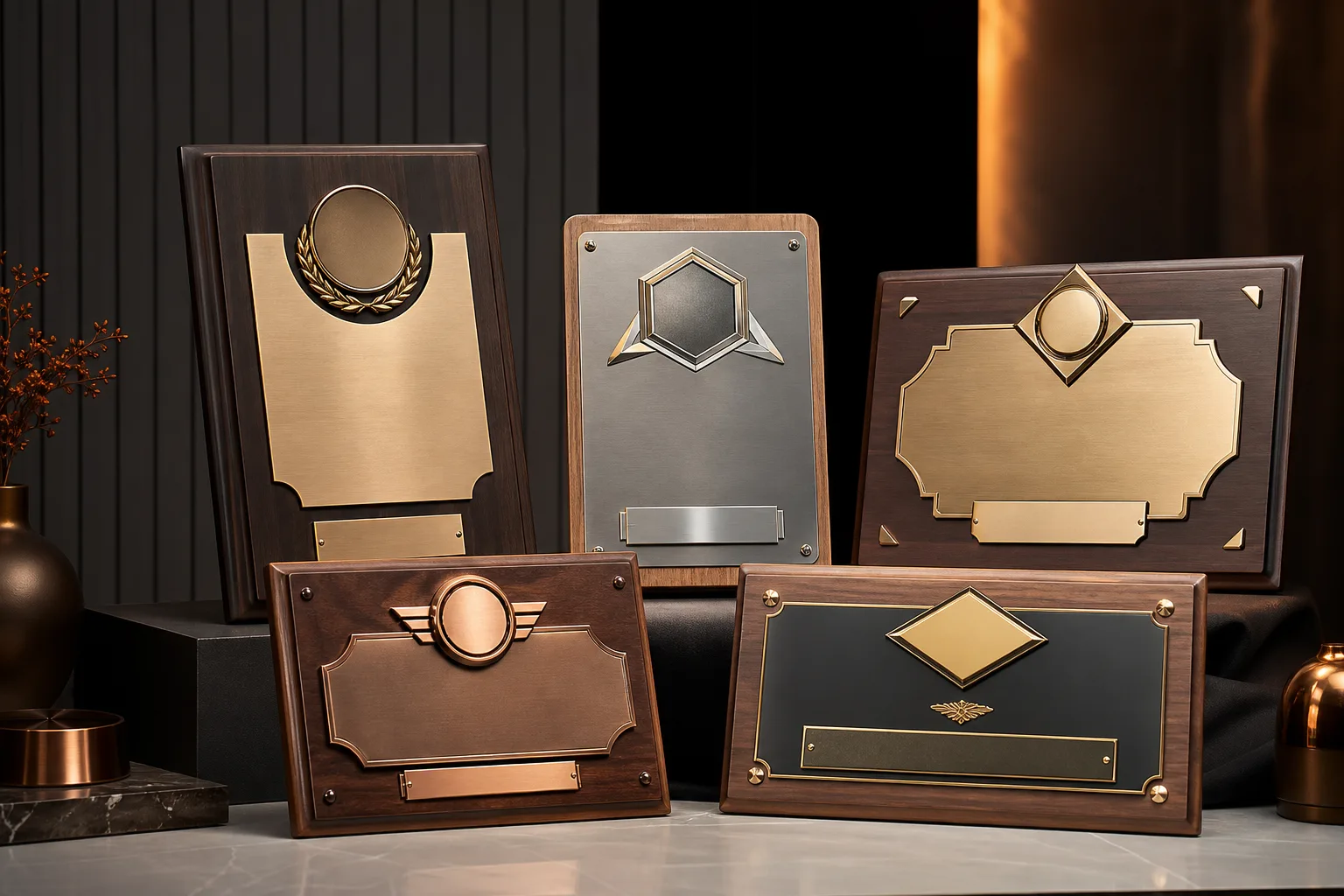 Custom wood and metal plaques arranged for formal corporate recognition presentation