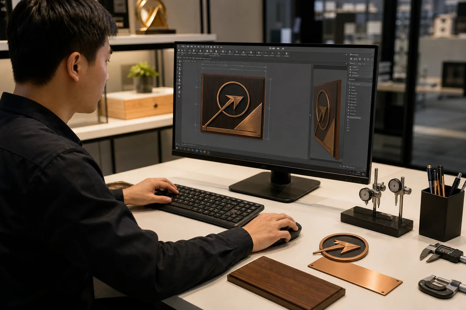 Engineer reviewing a dimensional plaque artwork proof beside metal and wood components