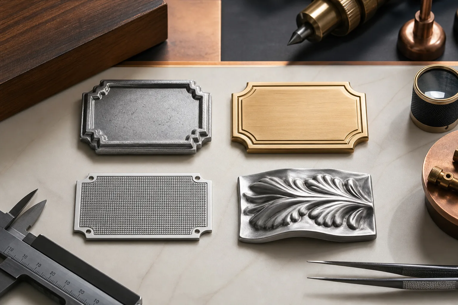 Metal plaque components demonstrating cast, struck, etched and high-relief forming methods
