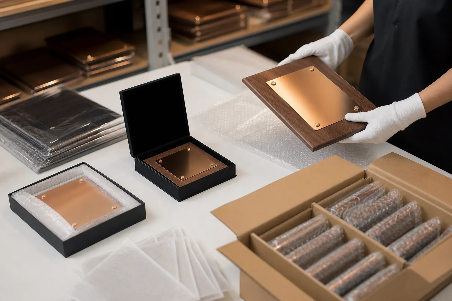 Protective packaging options prepared for individual and bulk plaque shipment