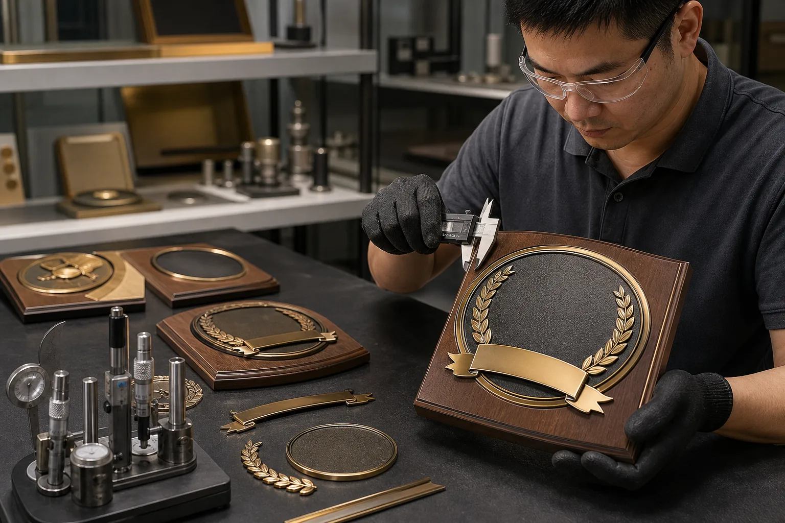 Inspector checking assembled wood and metal plaque against approved dimensional specifications