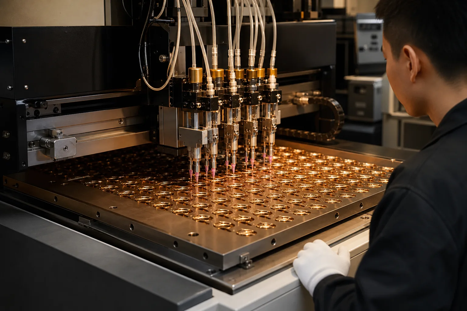 Automatic dispensing equipment fills repeated enamel areas on custom metal badge components