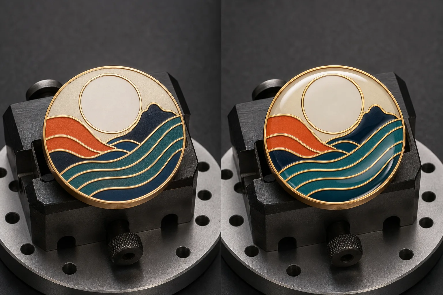 Clear epoxy coating creates a transparent glossy surface over decorated metal badges