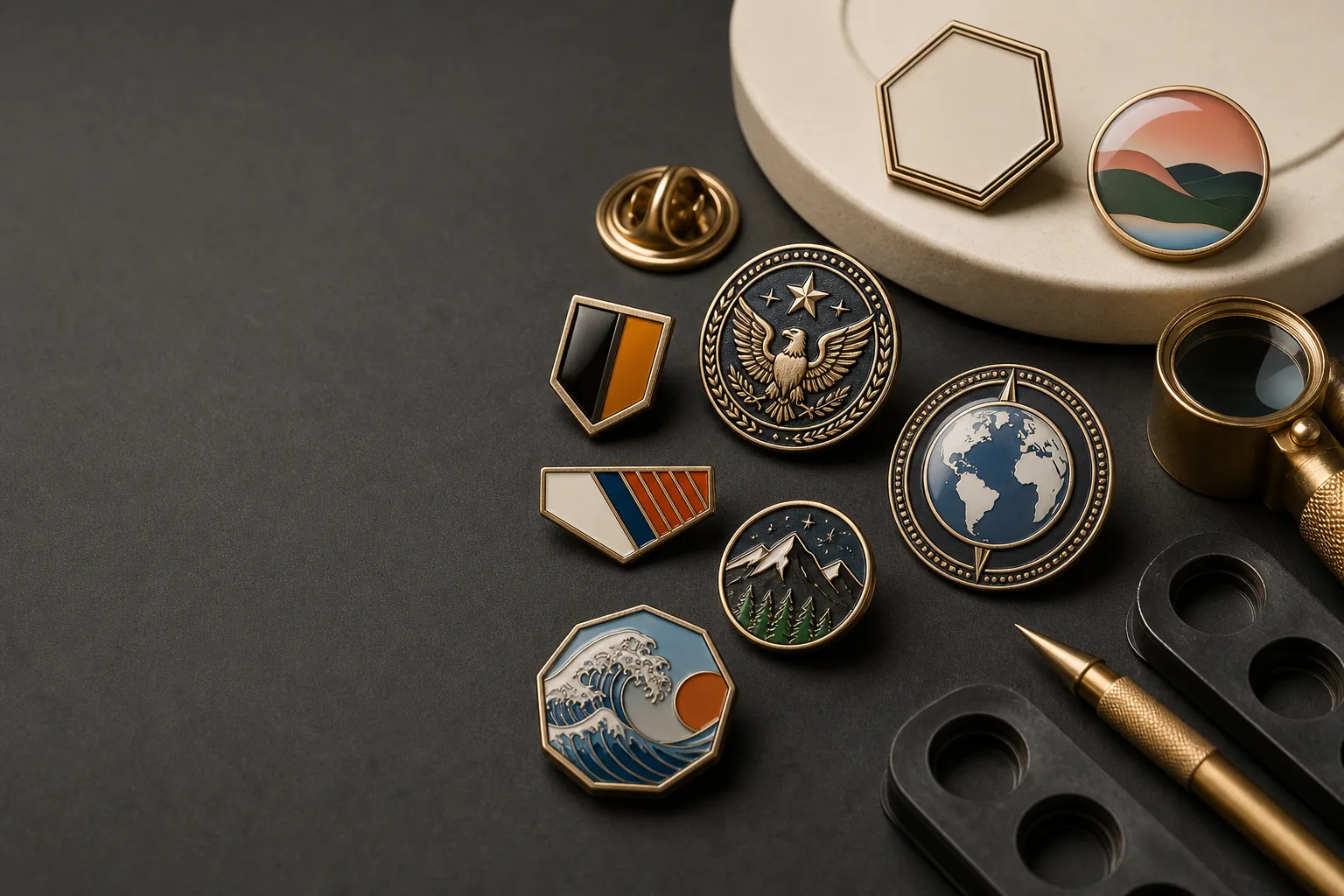 Custom metal products displaying enamel coloring and printing capabilities across several finishes