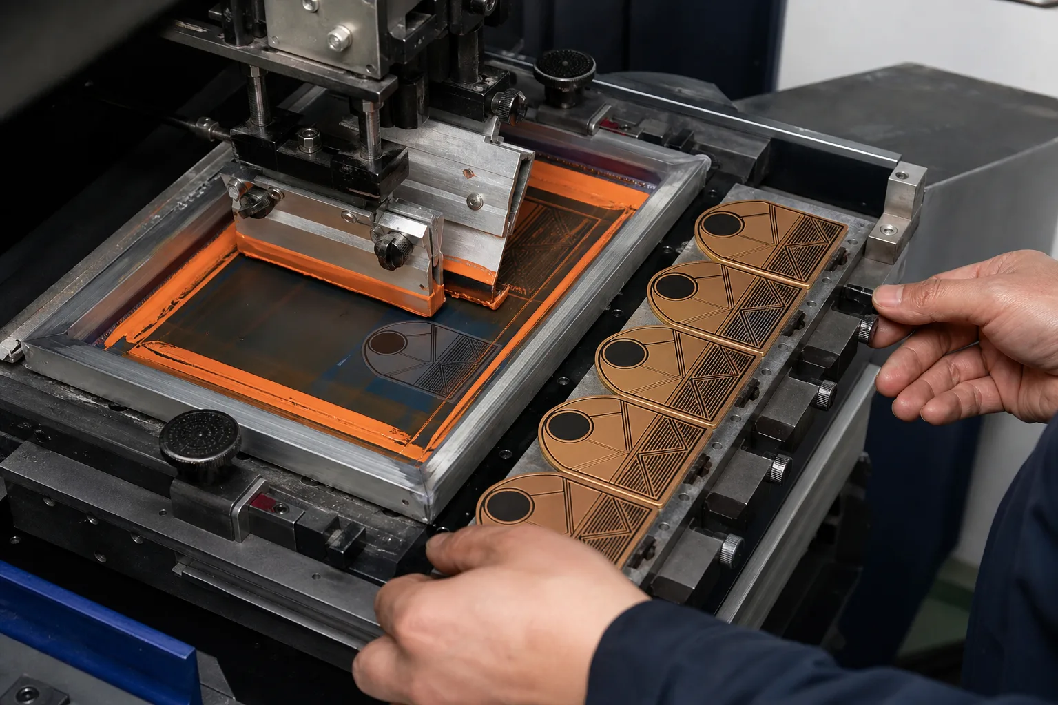 Screen printing equipment applies defined graphics to aligned custom metal badge faces