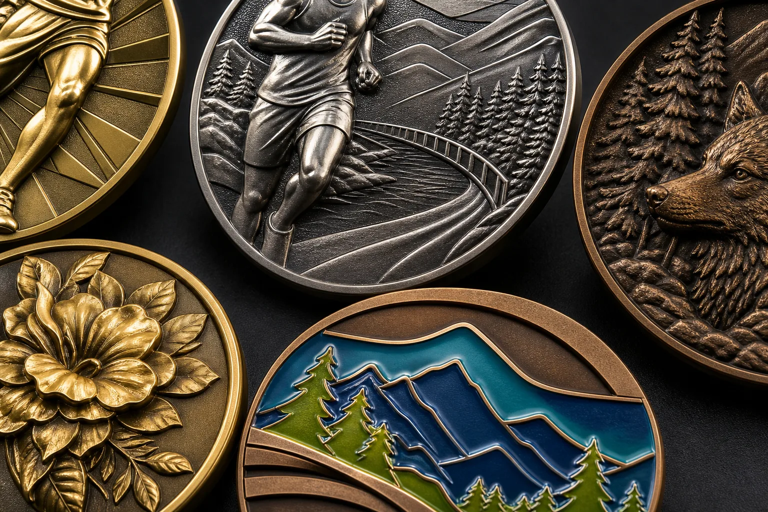 Close-up metal medal surfaces with polished, matte, antique, and color treatments