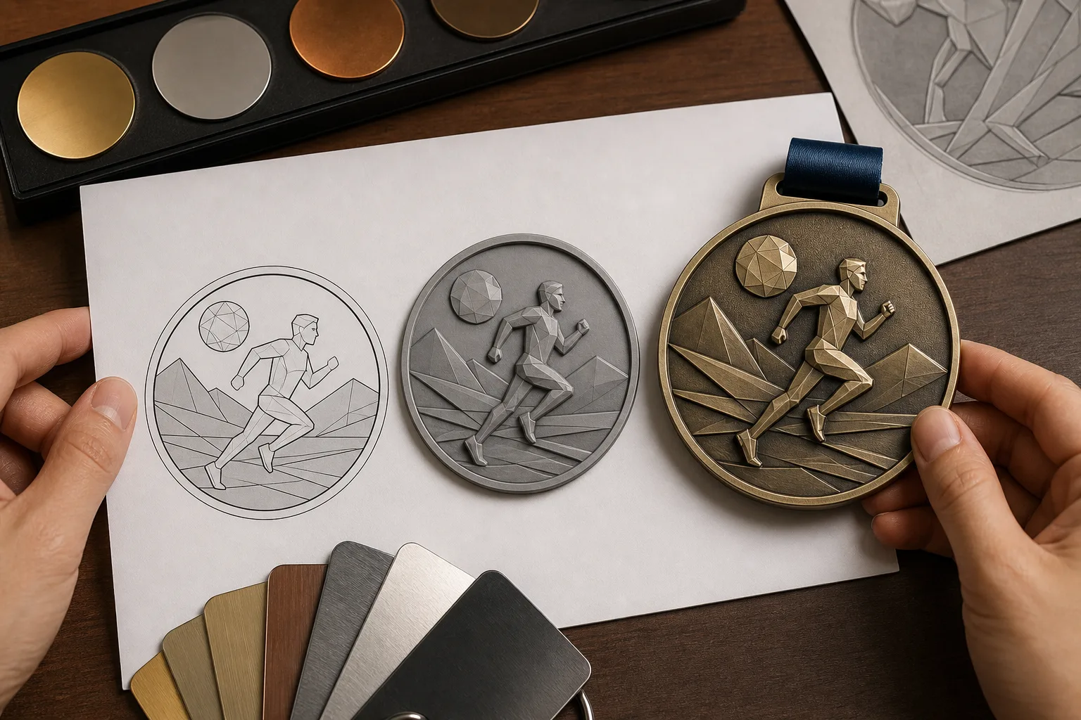 Visual progression from closed flat artwork areas to stepped and sculpted medal relief