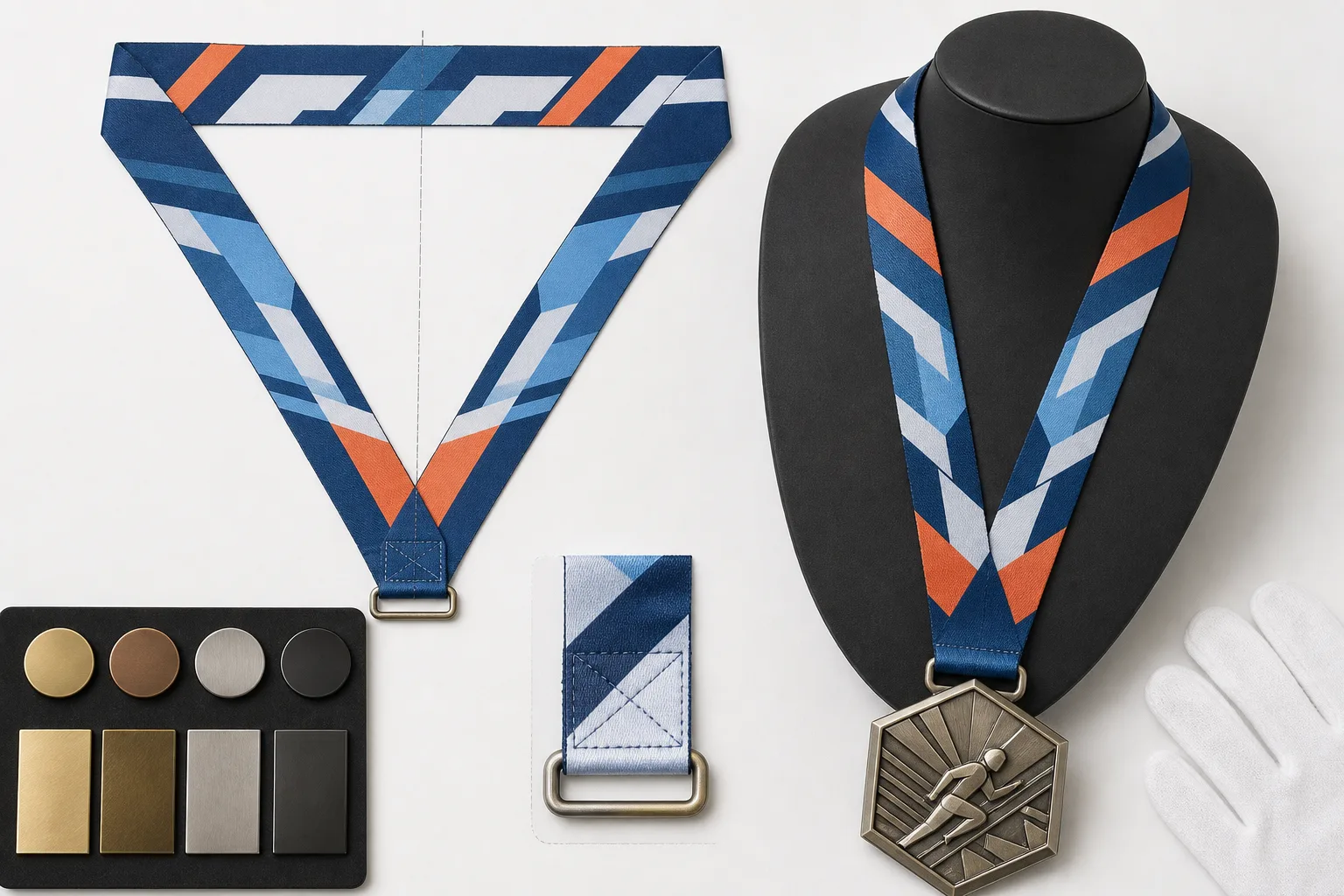Flat ribbon layout compared with correctly oriented assembled medal ribbon