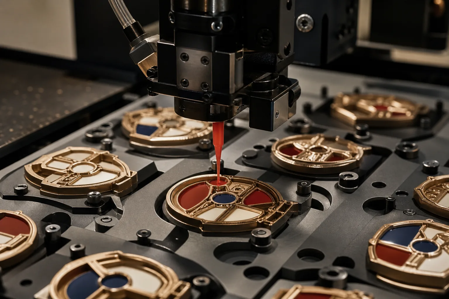 Automatic color dispensing fills recessed enamel areas on custom metal badge components