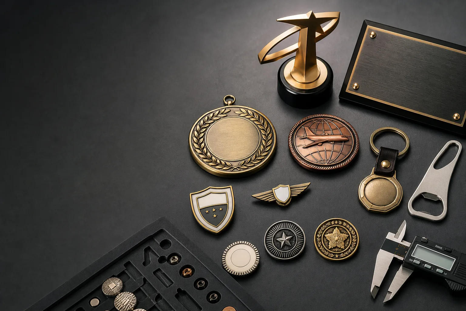 Custom medals, coins, pins and metal accessories representing Gairun company history