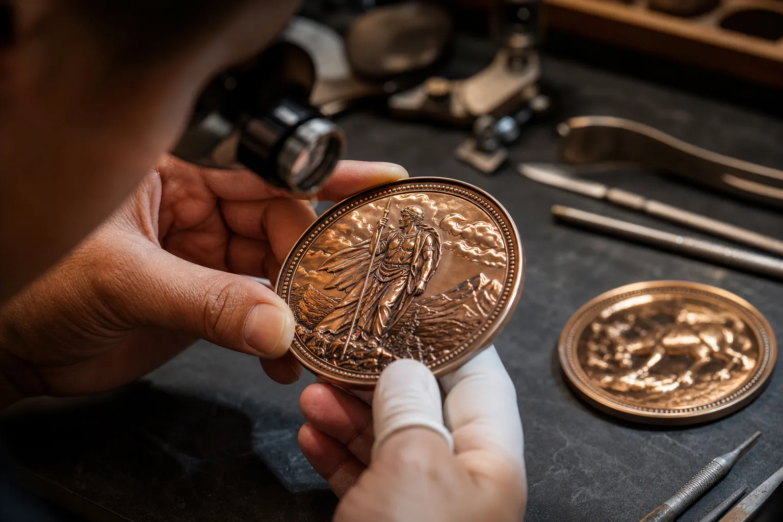 Technician inspects sculpted 3D relief depth on custom medals and coins