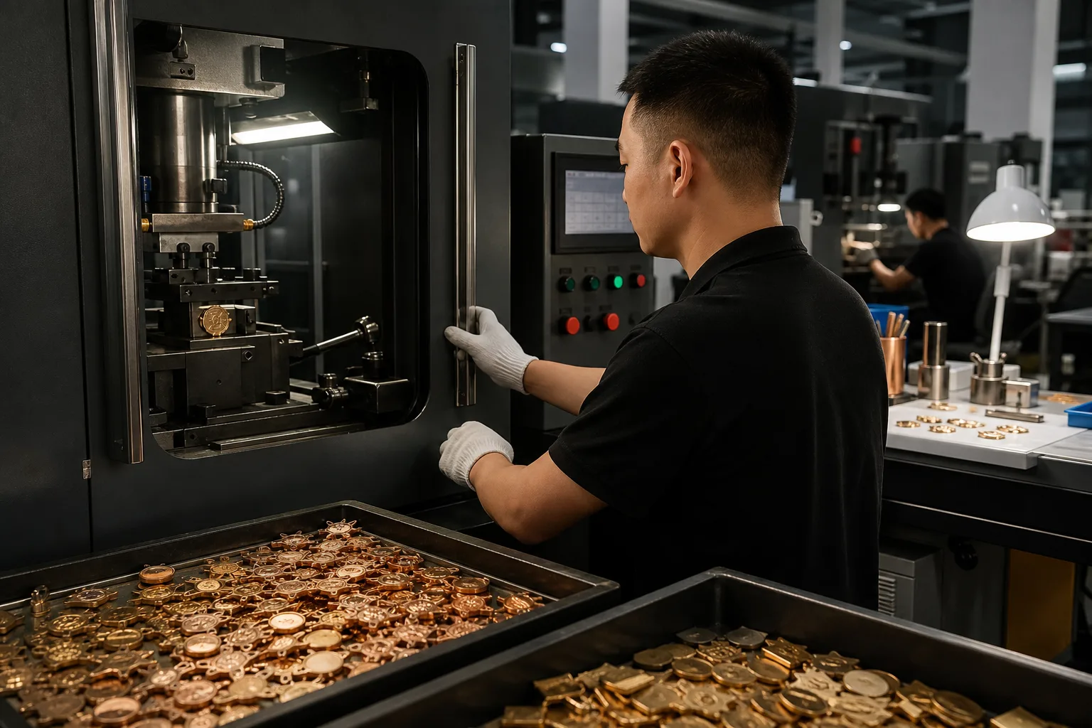 Operator overseeing foundational metal-forming equipment in an organized custom products workshop