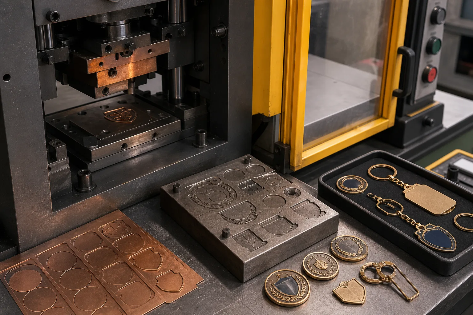 Stamping tooling and formed pin blanks demonstrate the original metal production base