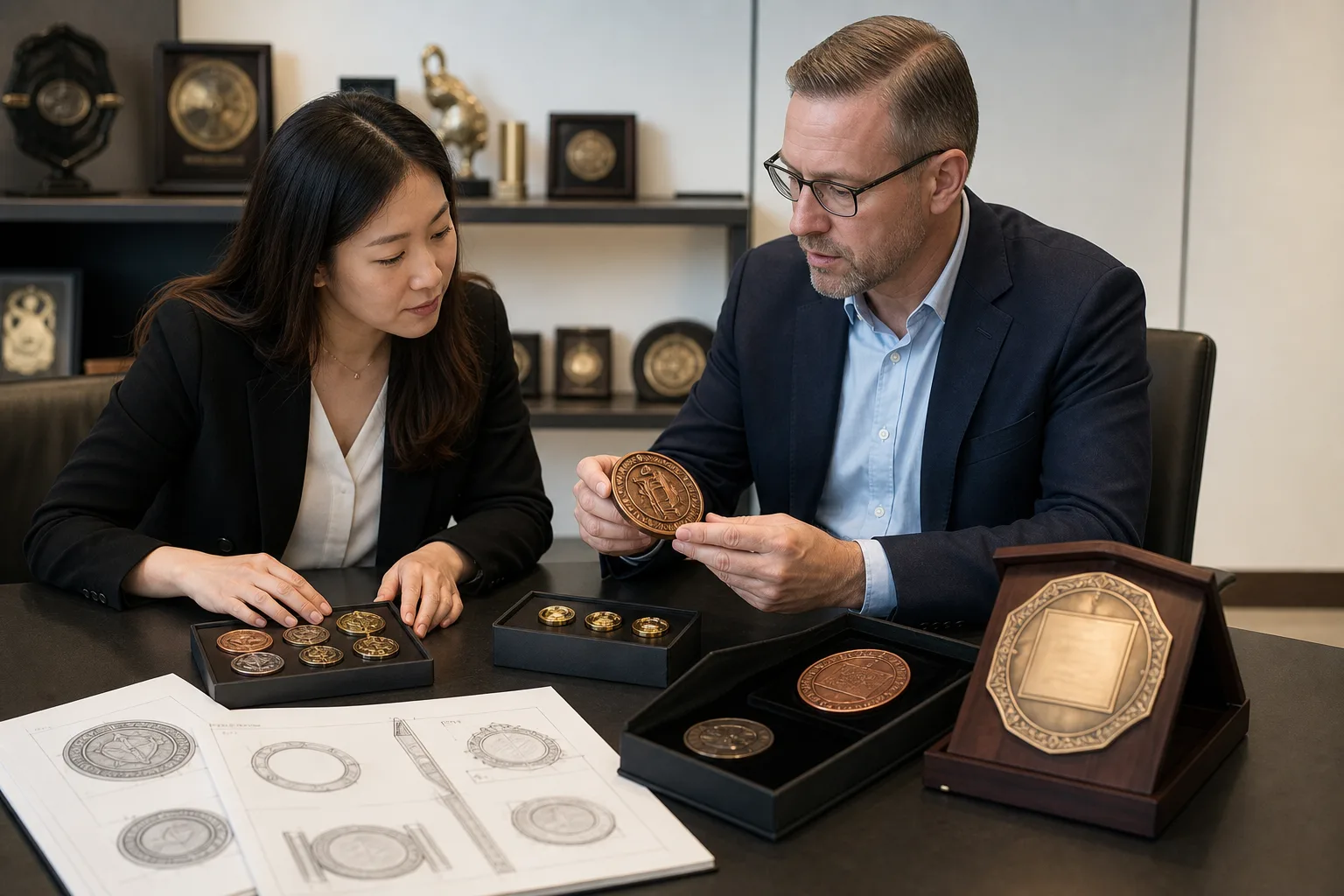 B2B project consultation reviewing custom metal product samples and requirements