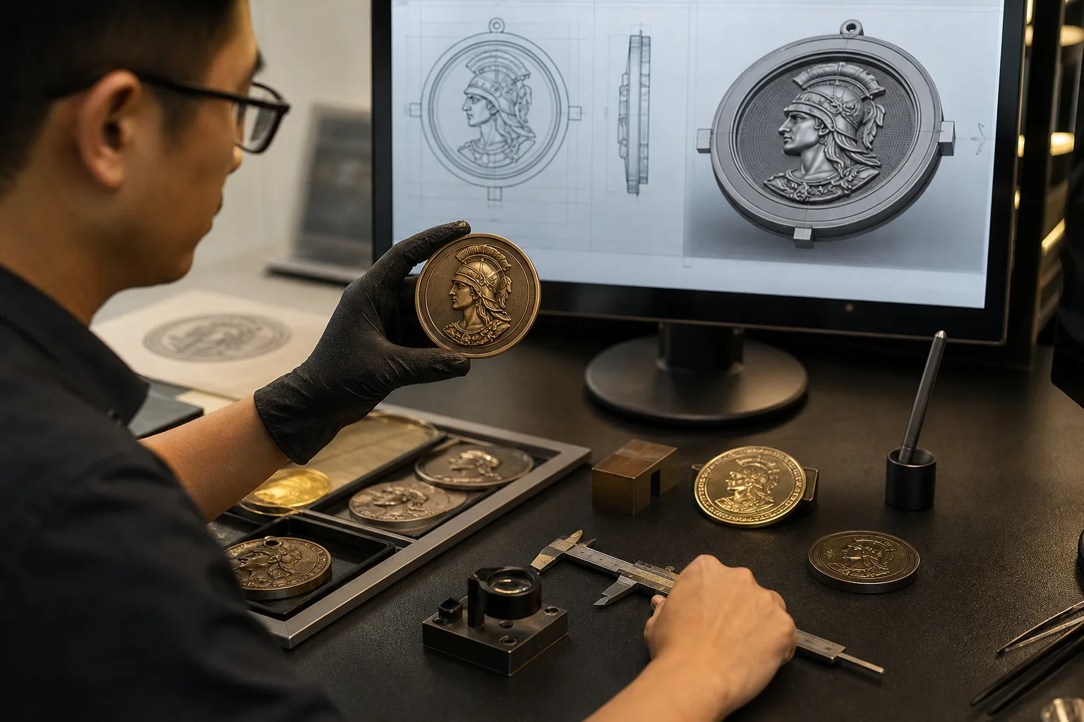 Engineer comparing dimensional metal samples with 2D and 3D artwork development