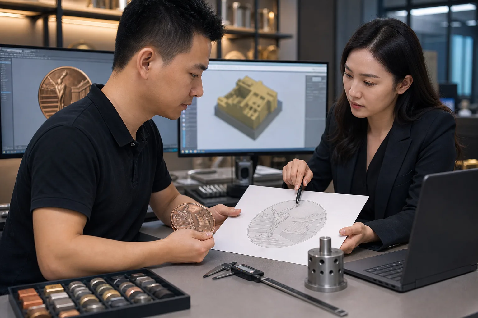 Engineer reviewing custom metal artwork proof beside a relief product sample