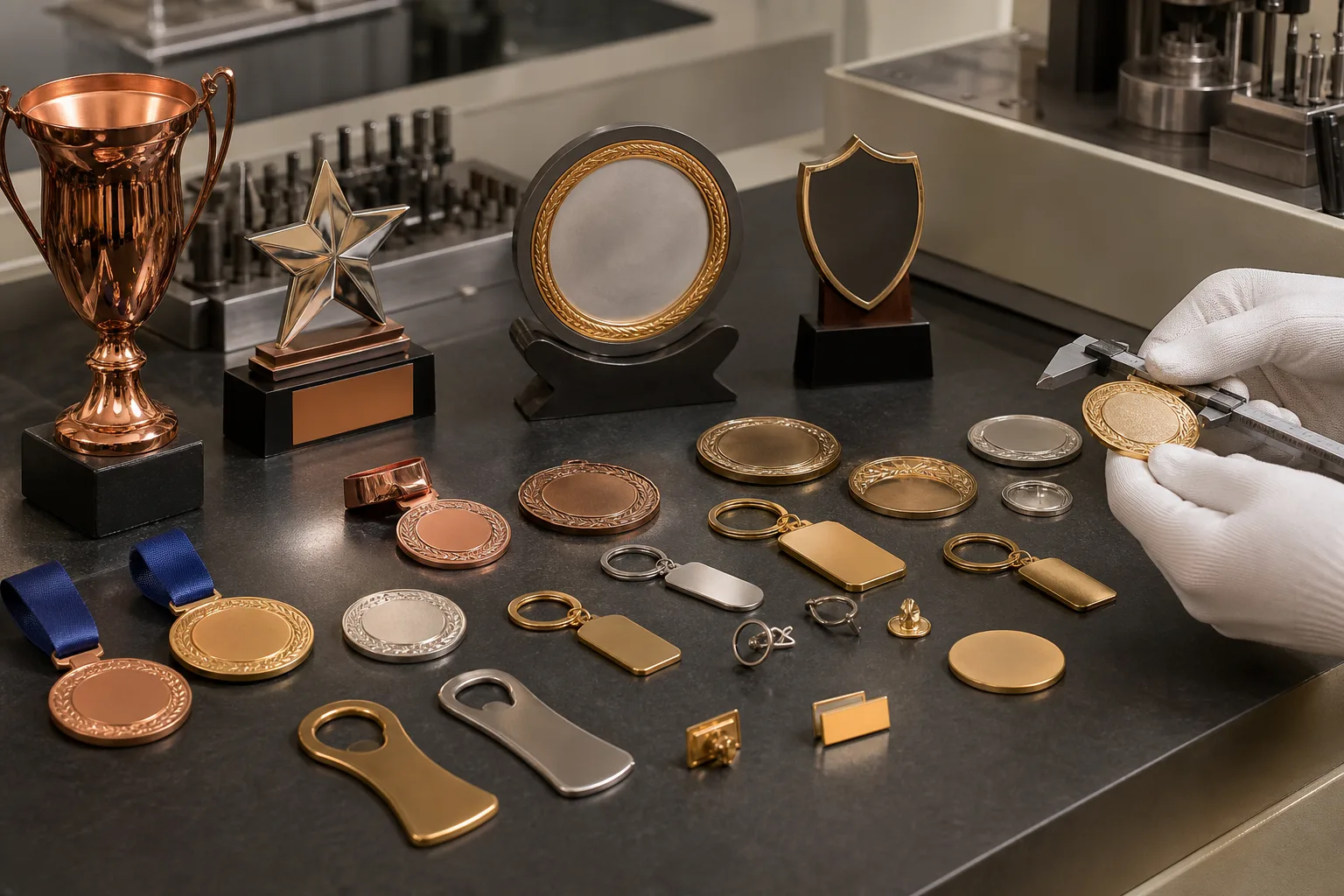 Custom metal products arranged for international export order review in a manufacturing facility