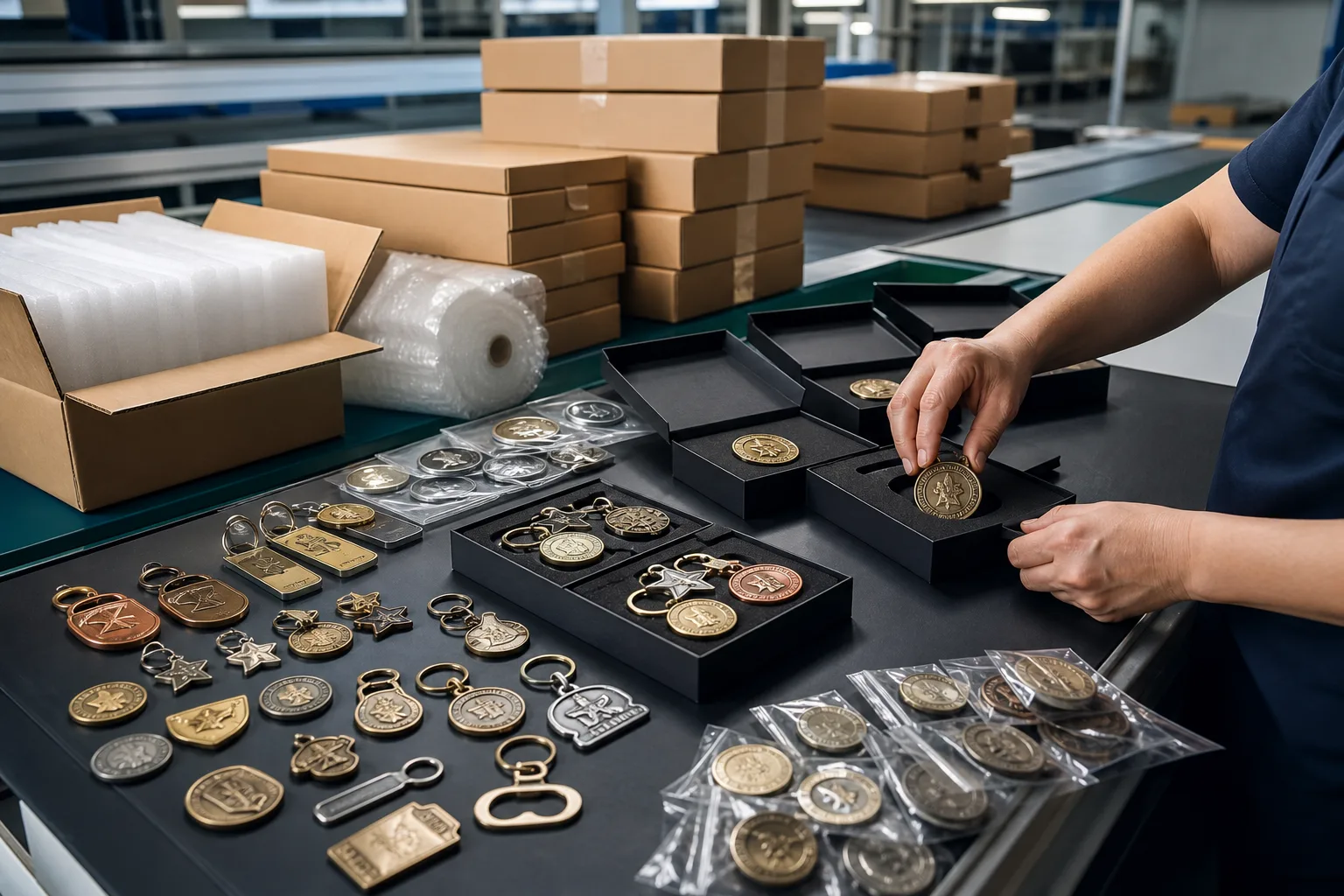 Custom metal products prepared for international order coordination in a premium factory setting